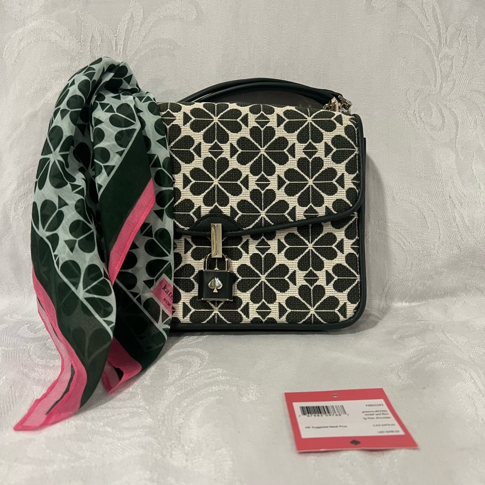 Kate Spade green locket spade flow large flap shoulder bag & matching scarf
